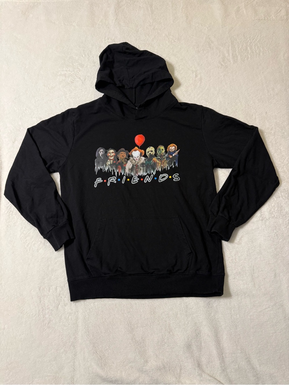 (S) Adult Black Halloween  Hoodie Long Sleeve Pockets Pennywise Chucky "FRIENDS